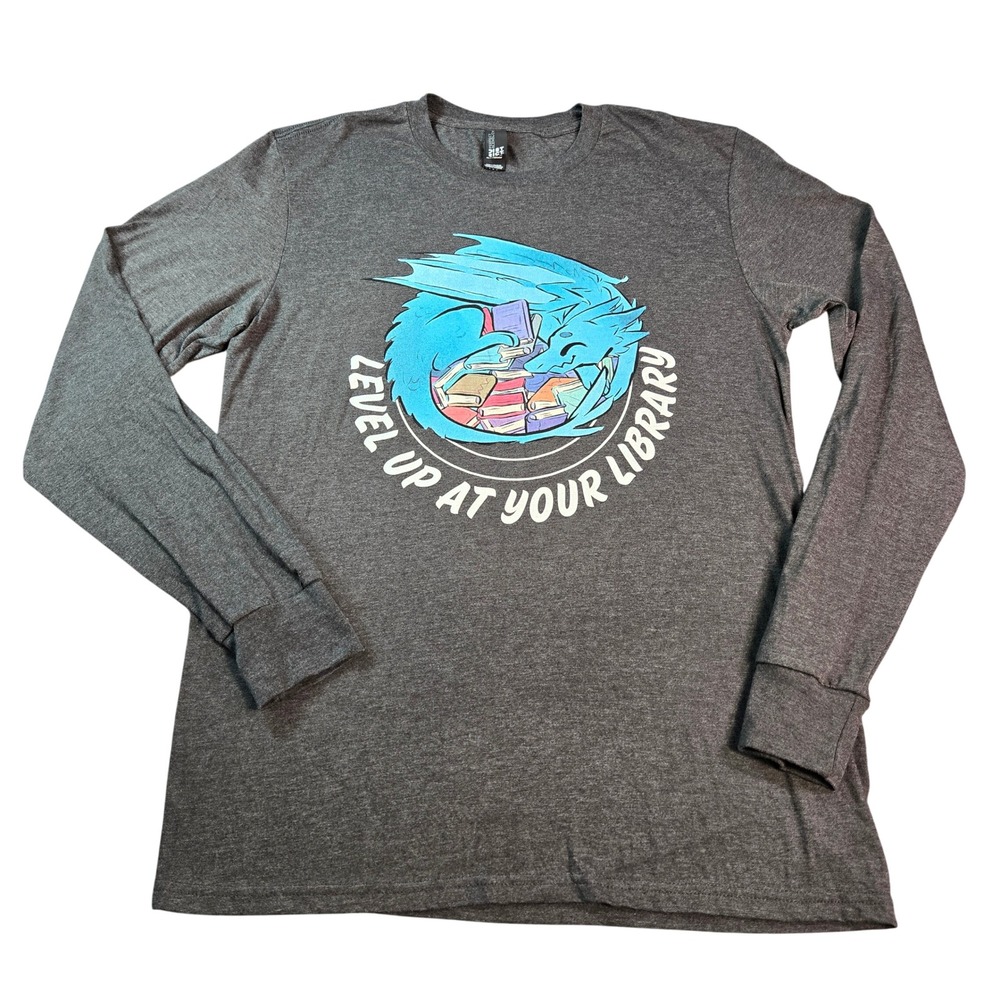 District Level Up At Your Library Mens Dragon Long Sleeve Graphic Tee Grey Small